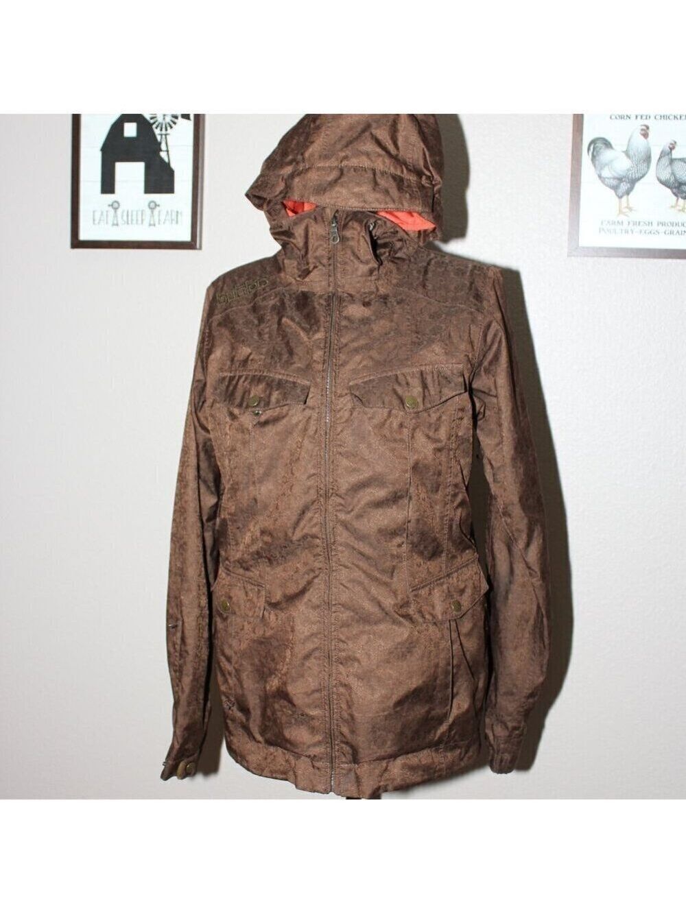 Burton Womens Ski Snowboard Jacket Coat Brown Floral Embossed Size Med EUC